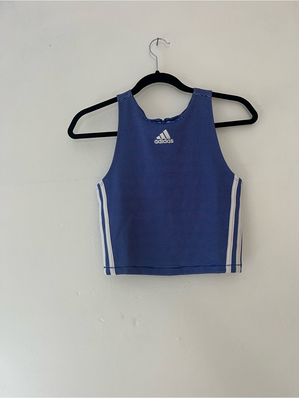 adidas Blue Striped Athletic Crop Top with White Side Stripes
